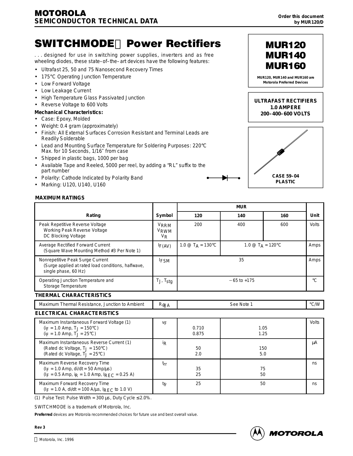 Motorola MUR120, MUR140, MUR160 Datasheet