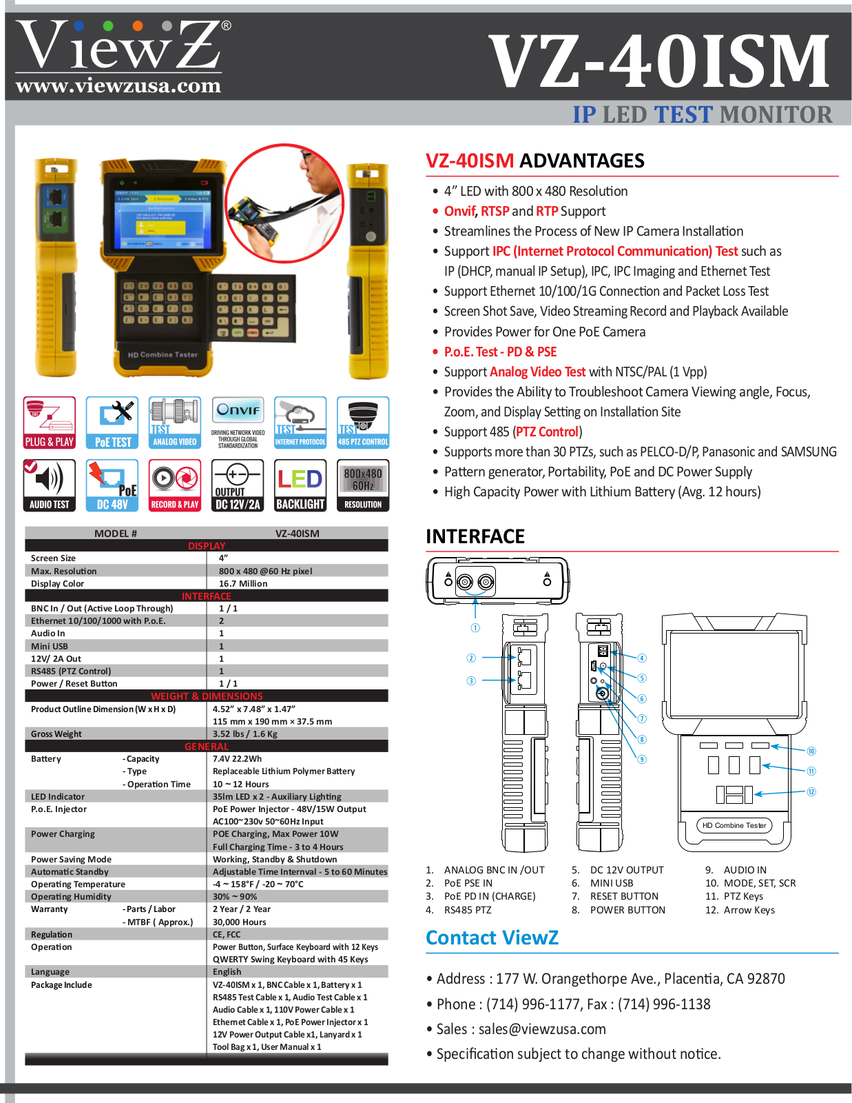 ViewZ VZ-40ISM Specsheet