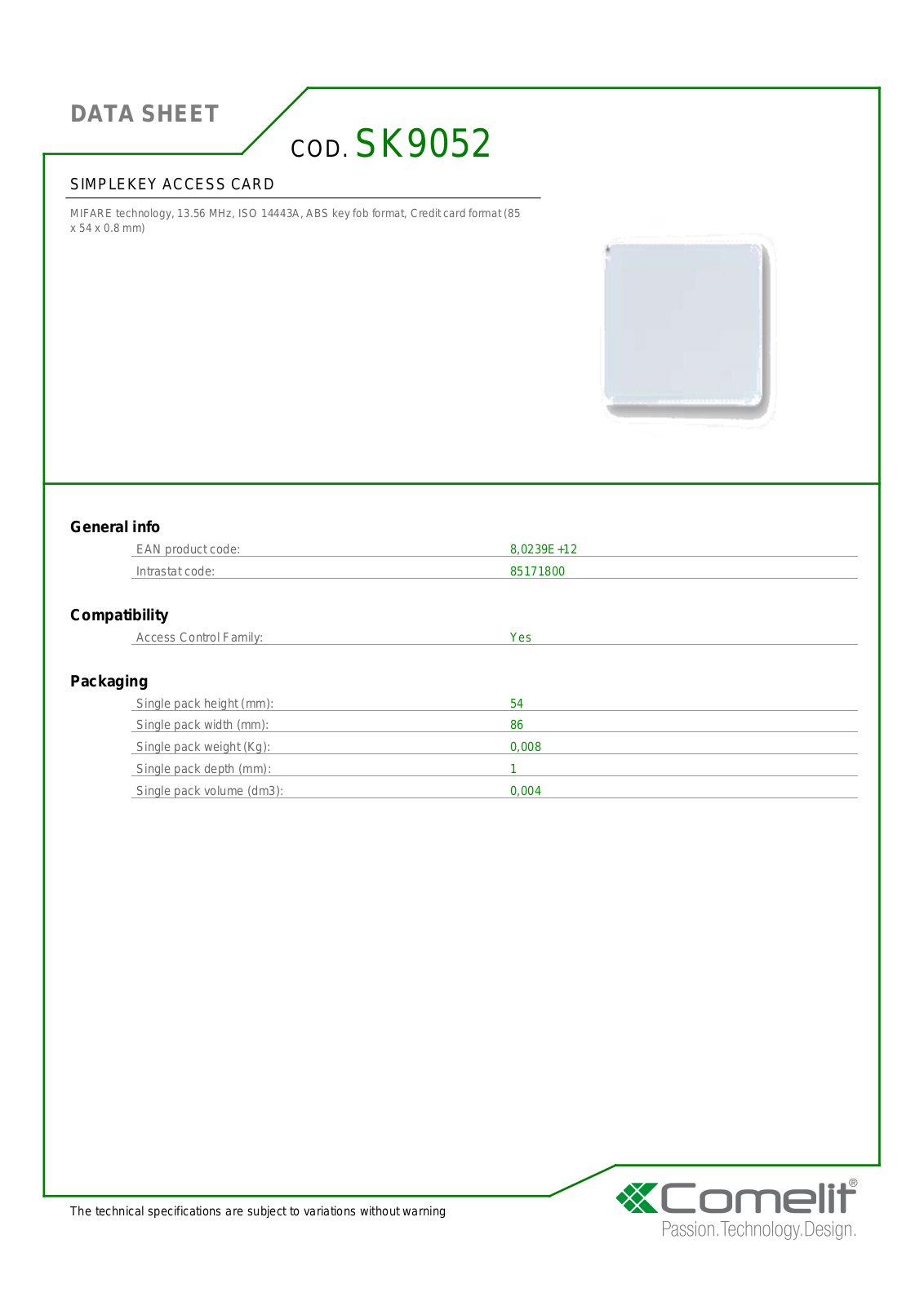 Comelit SK9052 Specsheet