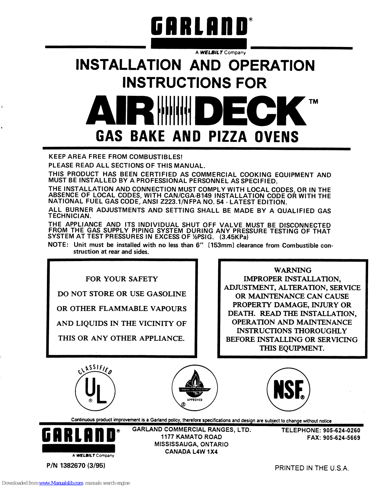 Garland Air-Deck G56T, Air-Deck G56B, Air-Deck G56PT, Air-Deck G56PB Installation And Operation Instructions Manual