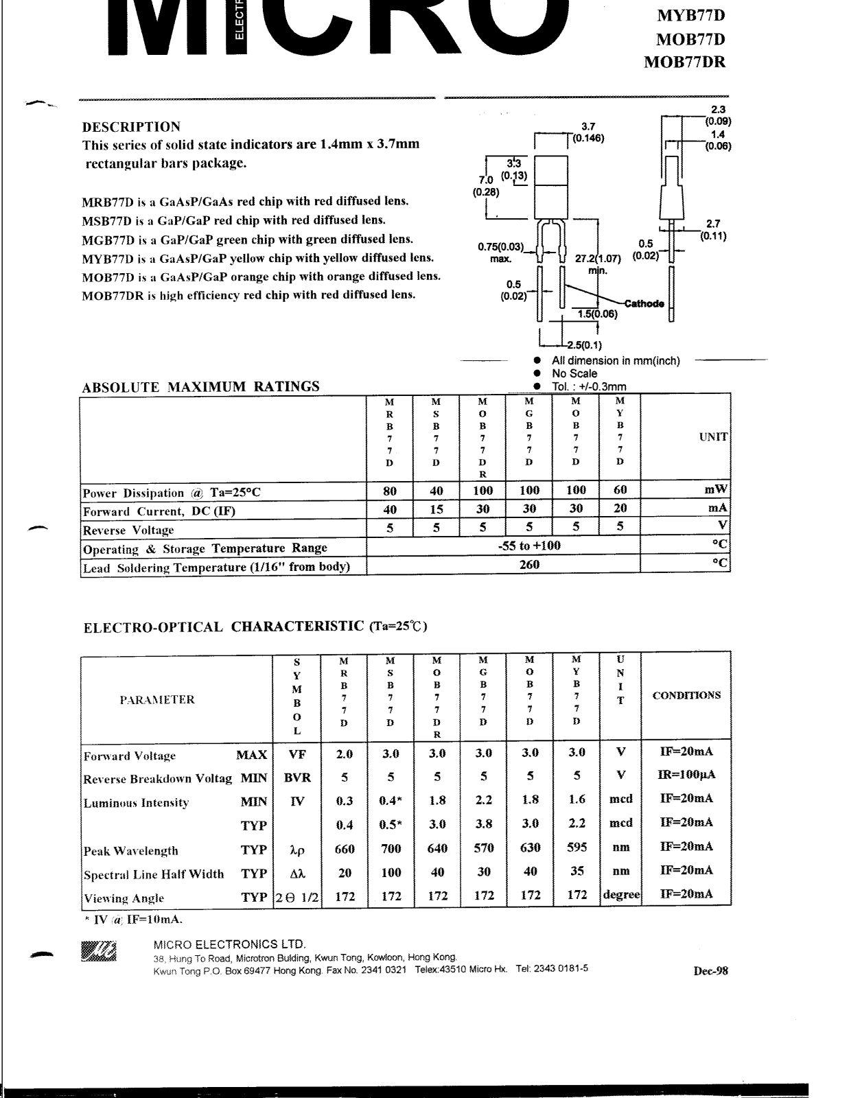 MICRO MSB77D, MOB77D, MOB77DR, MGB77D, MYB77D Datasheet