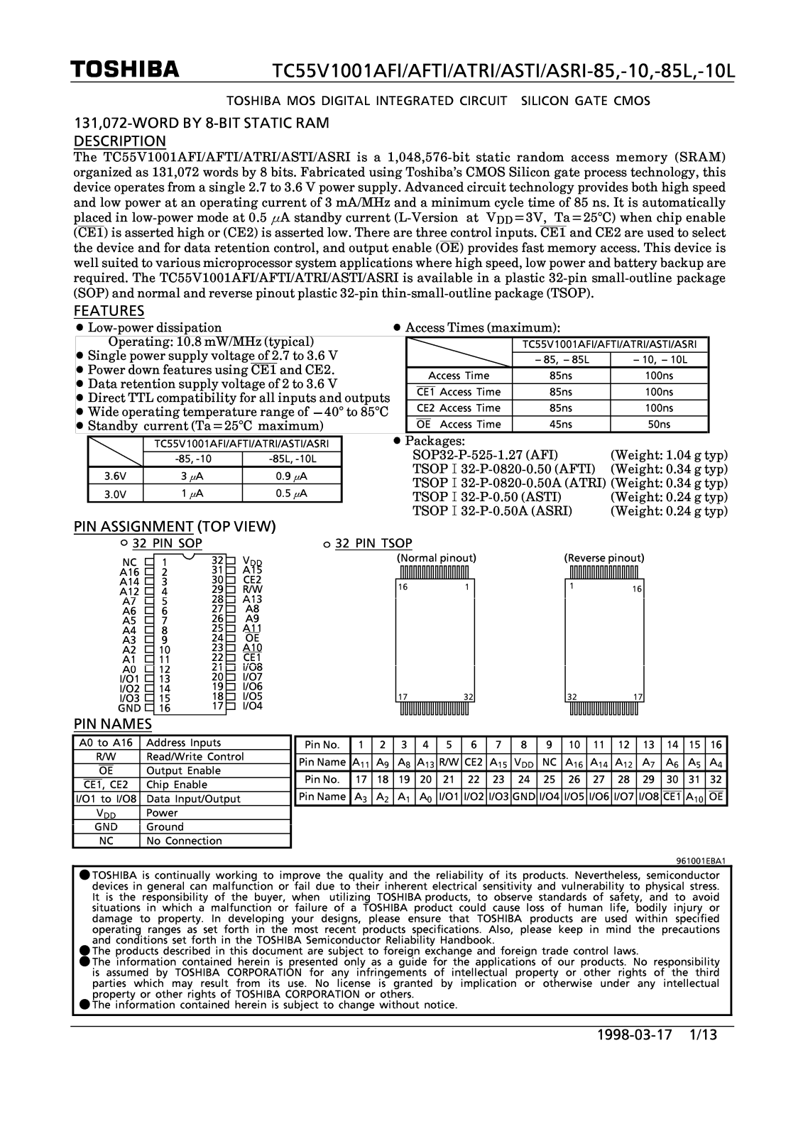 Toshiba TC55V1001ATRI-85L, TC55V1001ATRI-85, TC55V1001AFTI-85 Datasheet