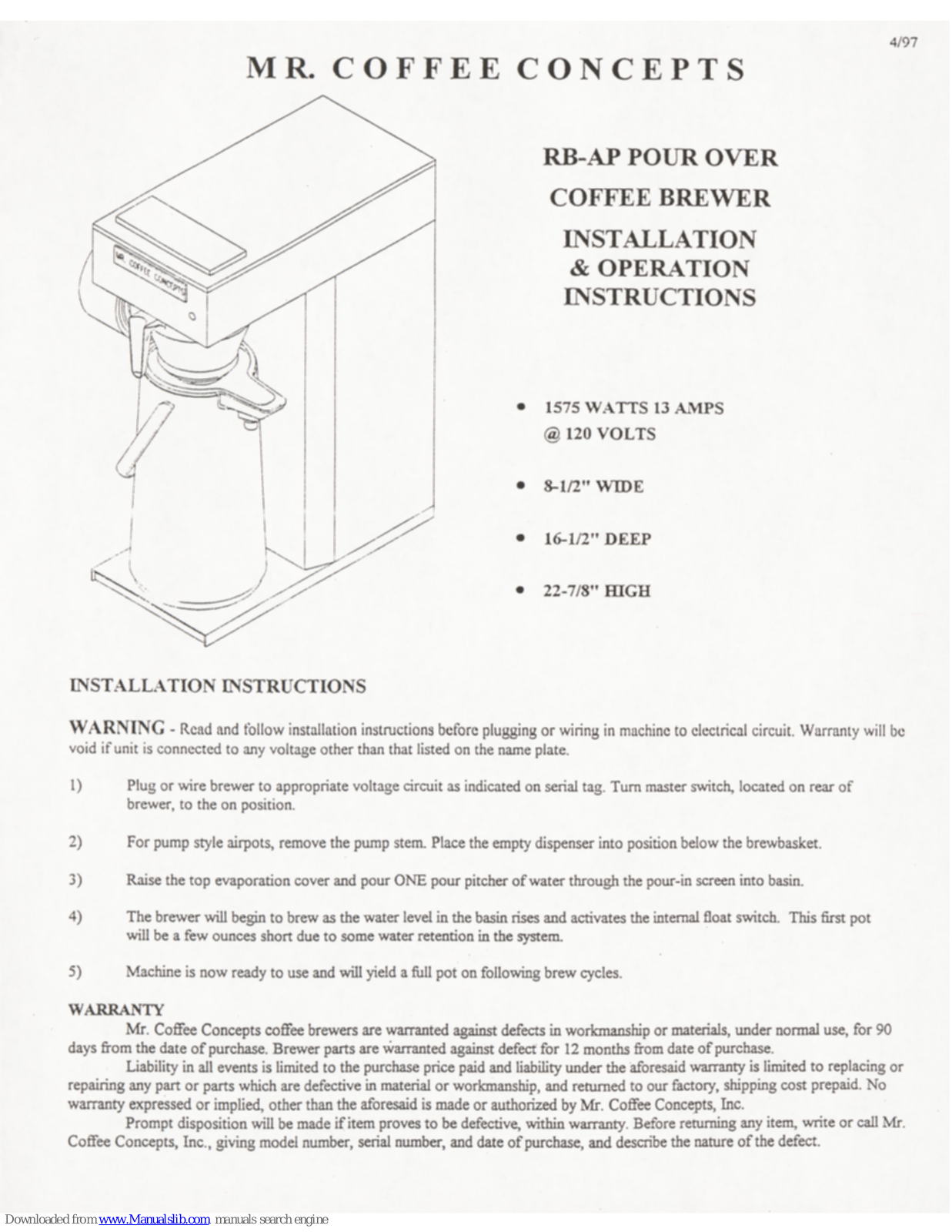 Mr Coffee Concepts RB-AP Operation Manual