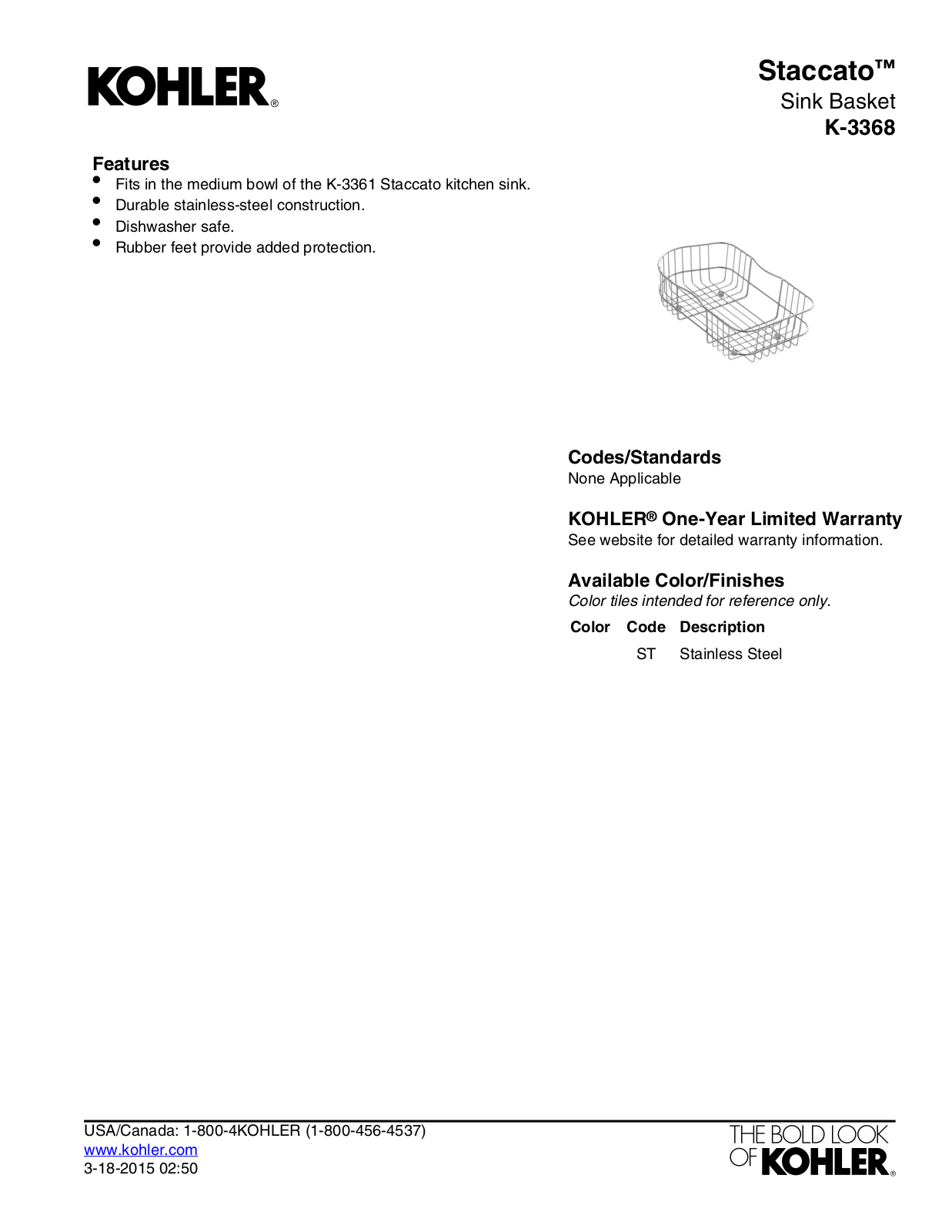 Kohler KOH3015 Specifications - ManualMachine.com