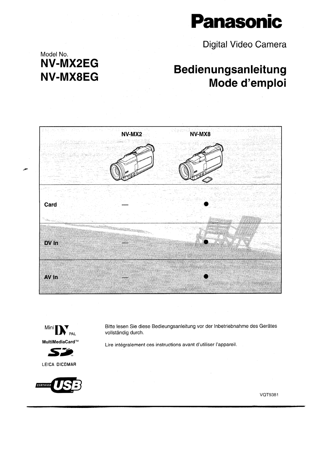 Panasonic NV-MX2EG, NV-MX8EG User Manual