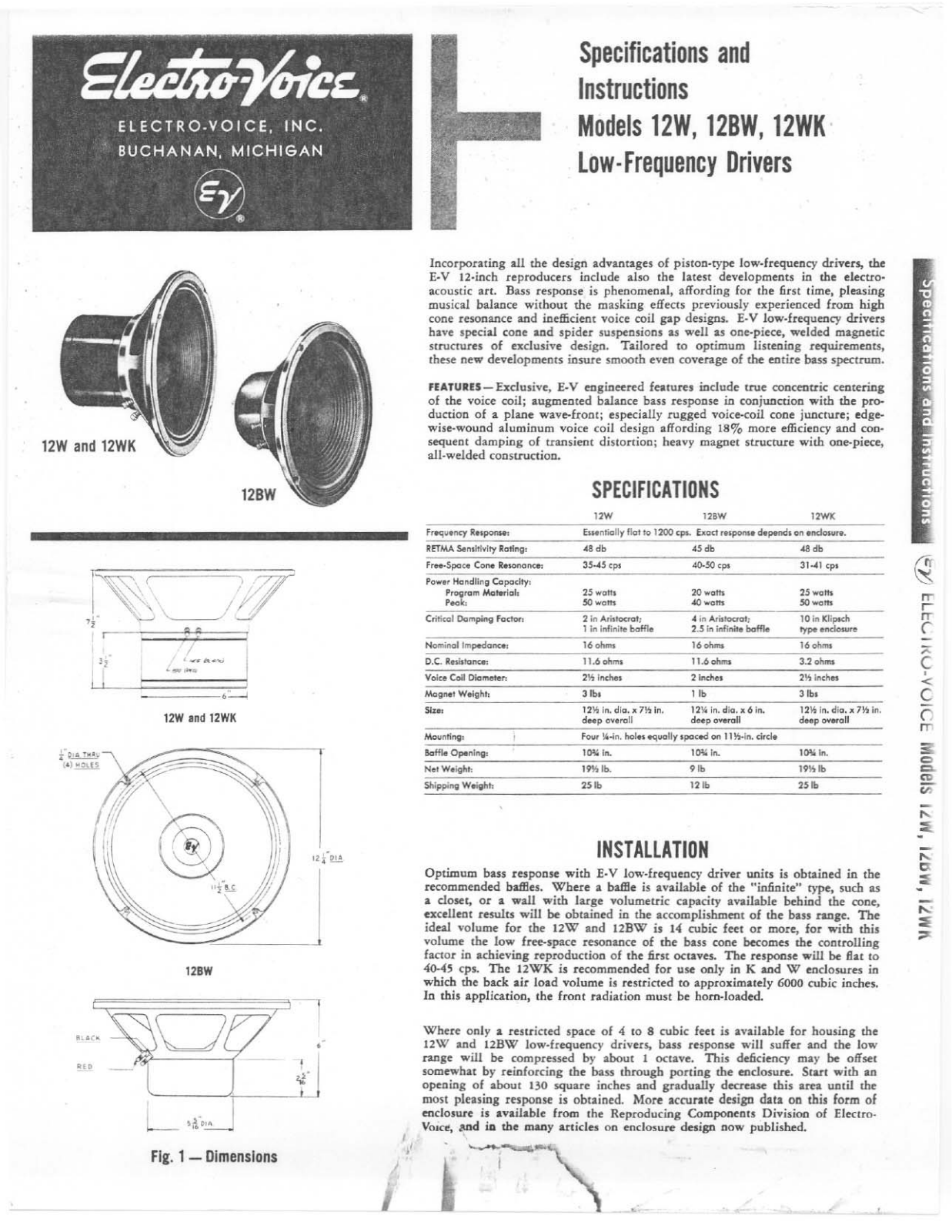 Electro-voice 12BW, 12WK, 12W specification and instructions