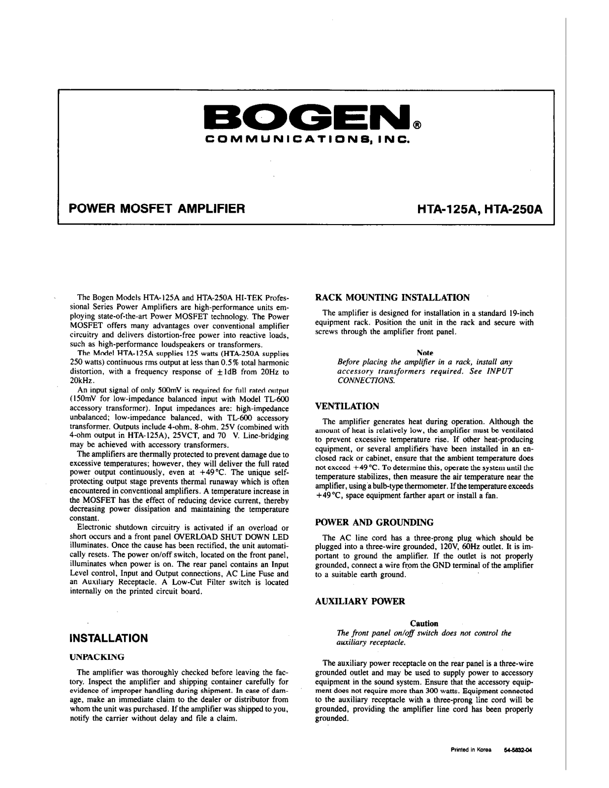 Bogen HTA250A Service Manual