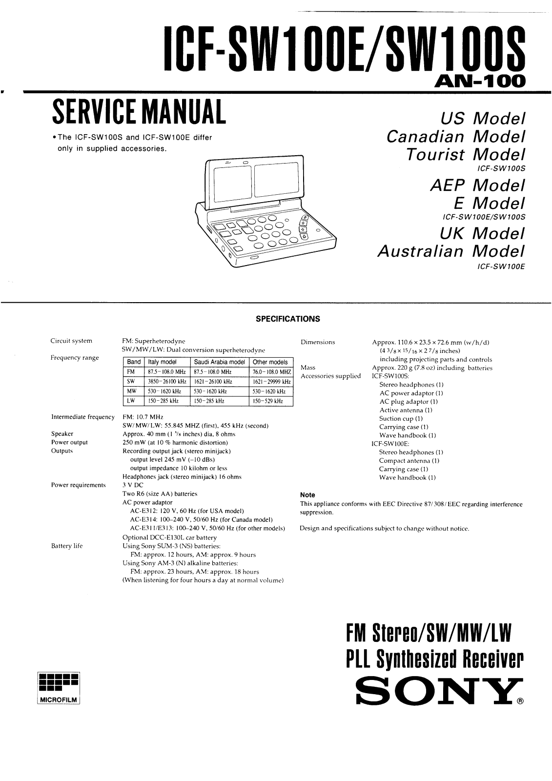 Sony ICF-SW100E, ICF-SW100S Service manual