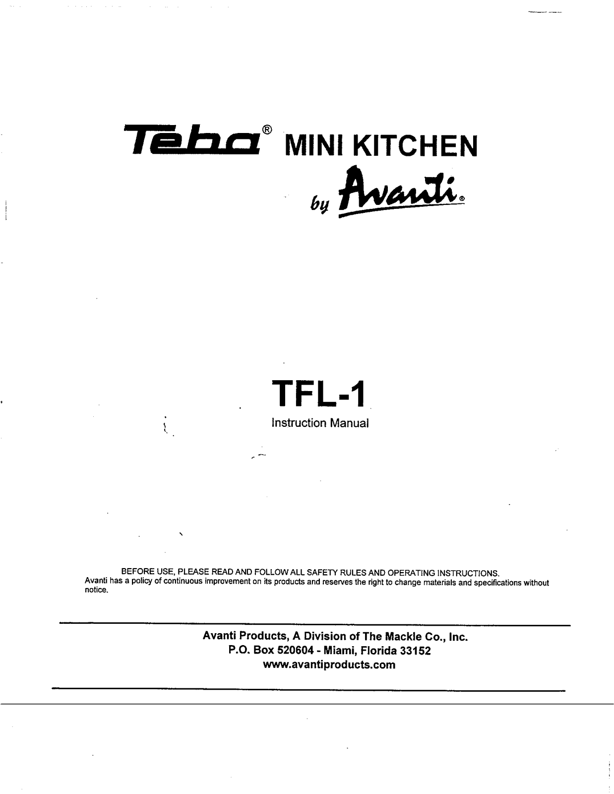 Avanti TFL-1 User Manual