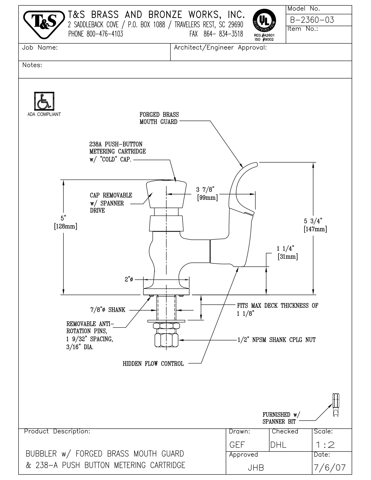 T & S Brass & Bronze Works B-2360-03 General Manual