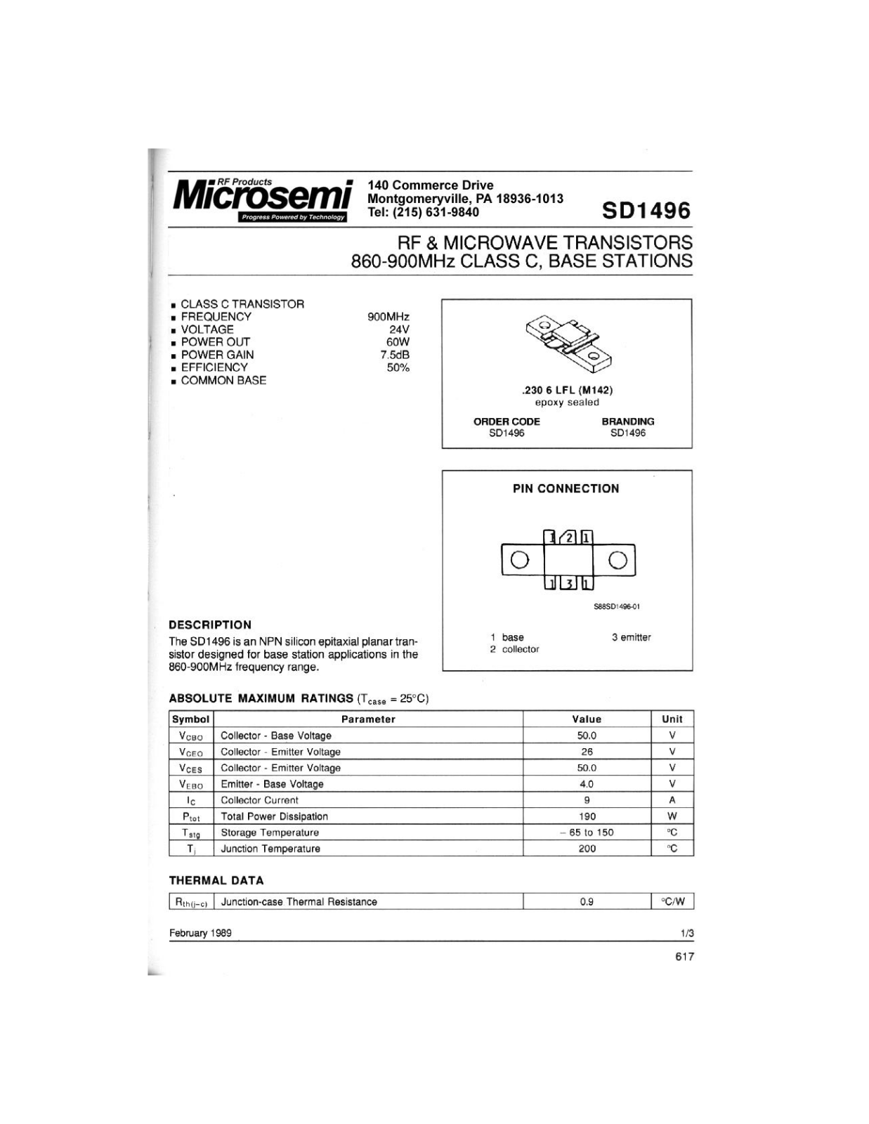 Microsemi Corporation SD1496 Datasheet