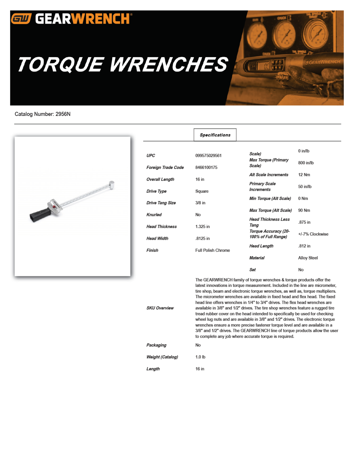 GearWrench - Apex Tool Group 2956N Specifications