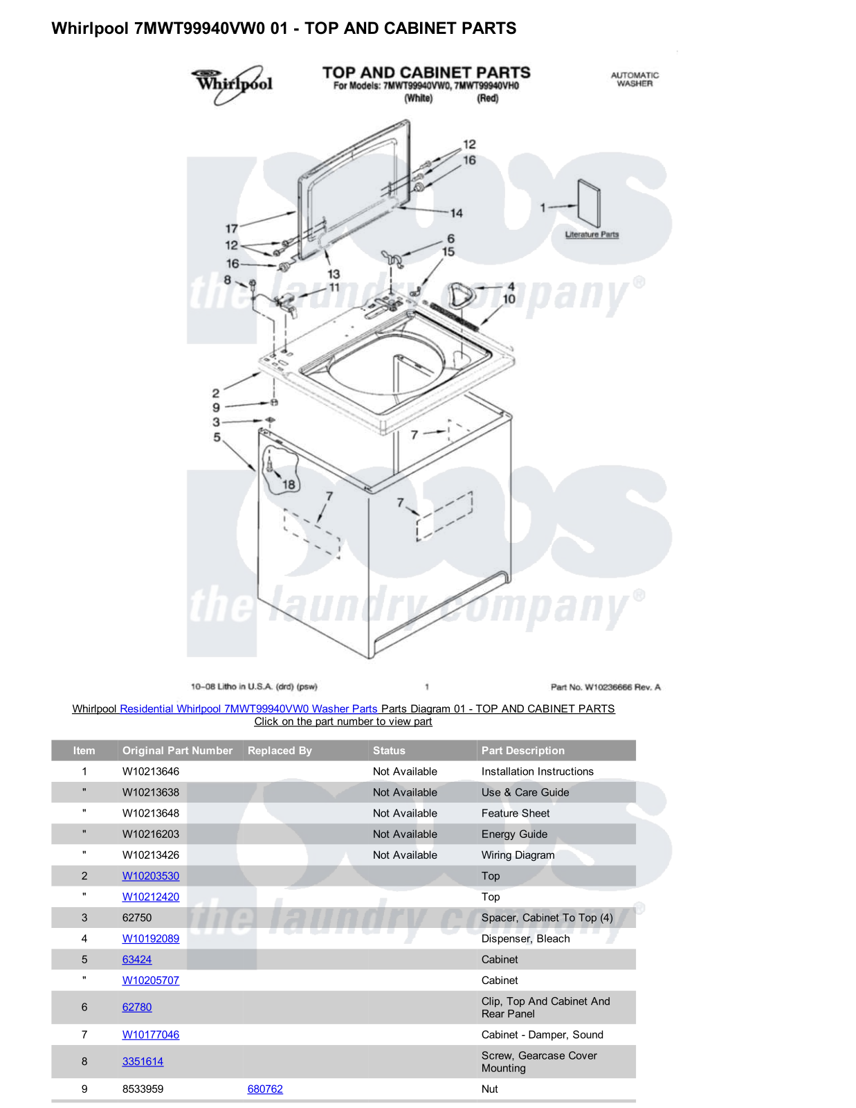 Whirlpool 7MWT99940VW0 Parts Diagram