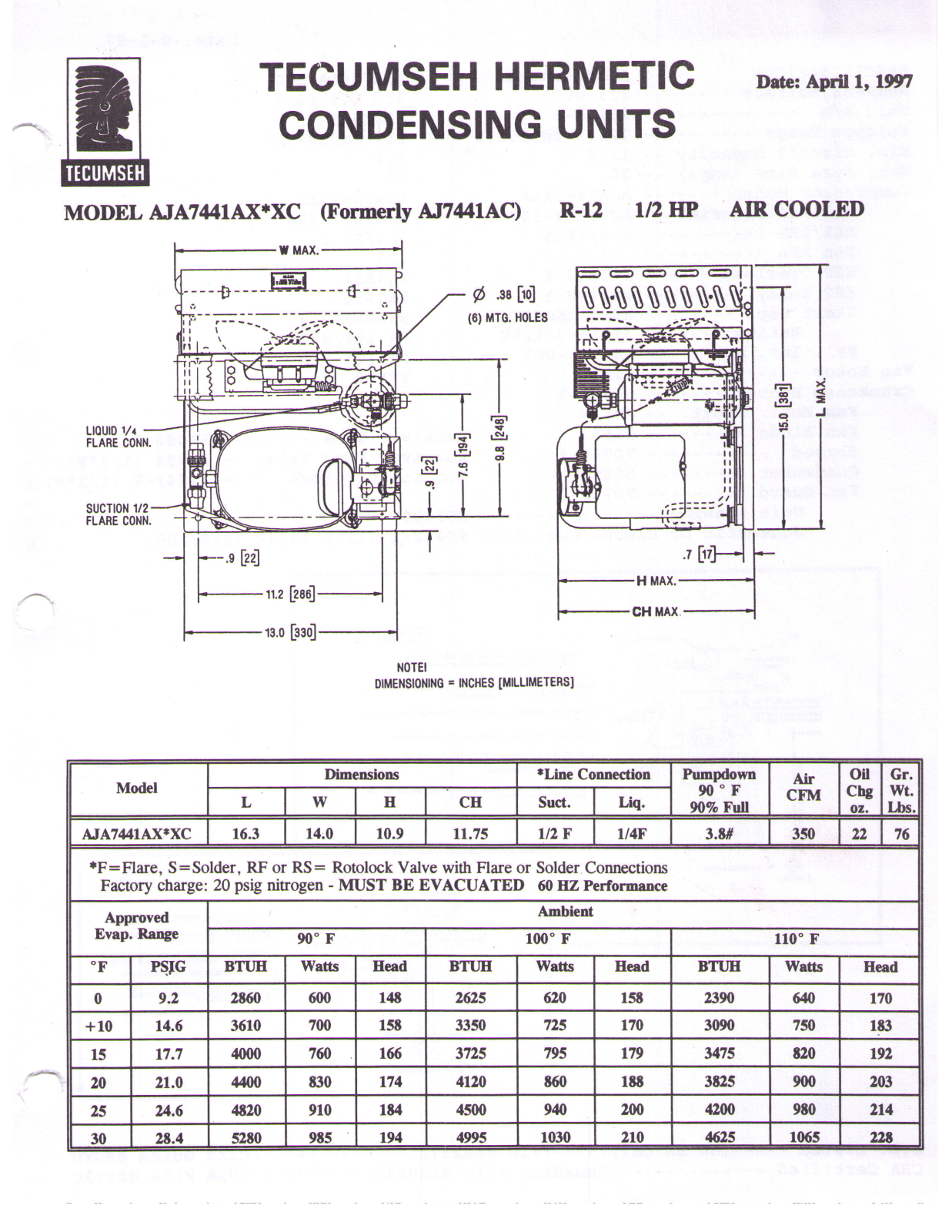 Tecumseh AJA7441AXAXC Performance Data Sheet