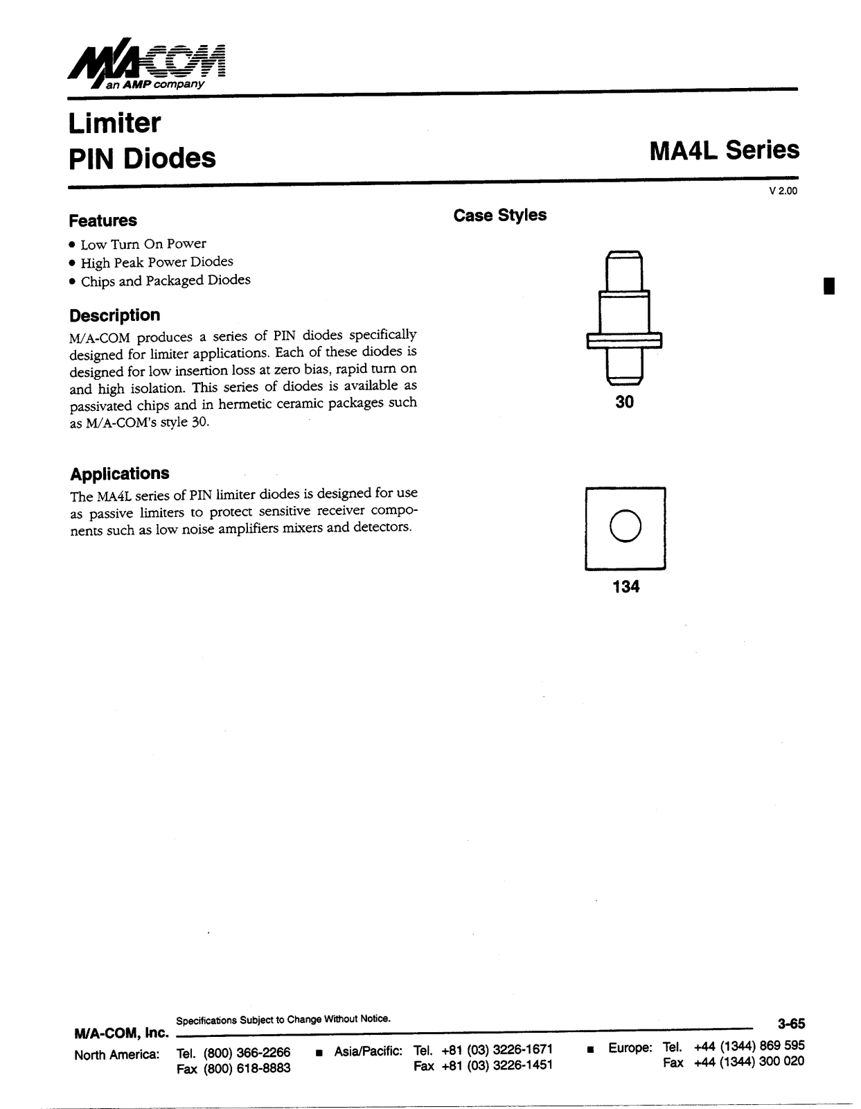 M A COM MA4L011-134, MA4L401-134, MA4L302-134, MA4L301-134, MA4L101-134 Datasheet