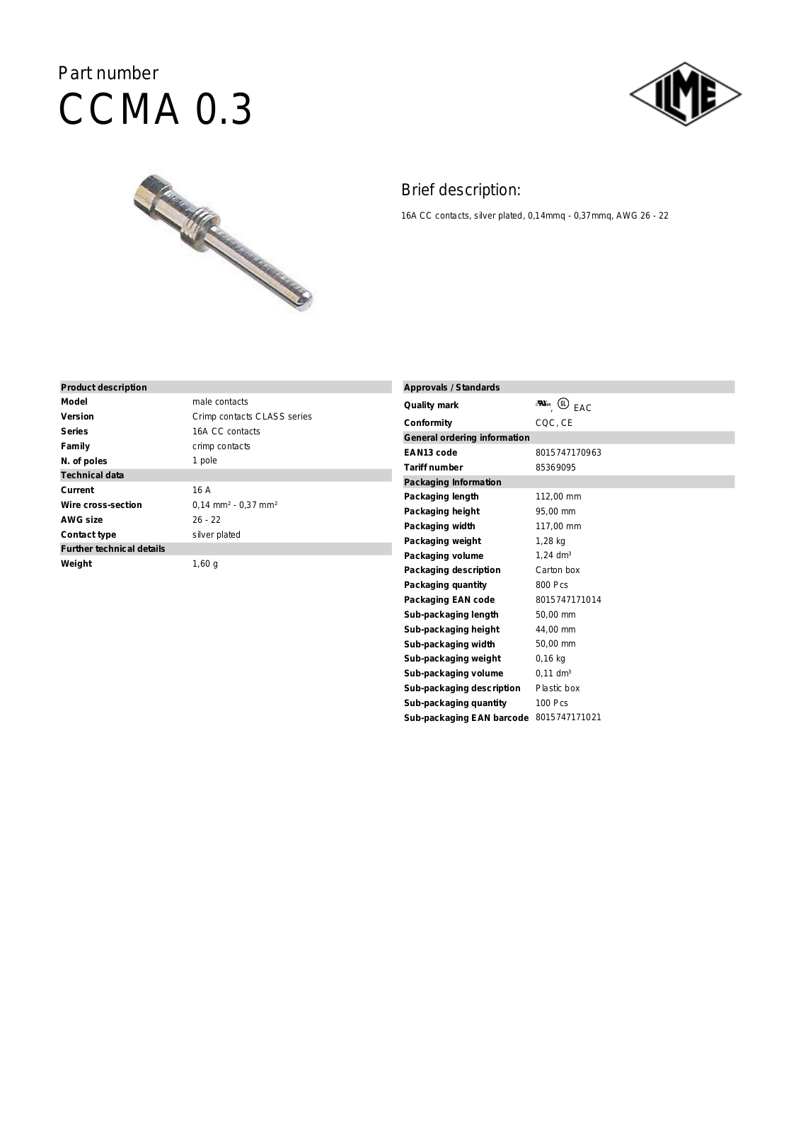 Datasheet CCMA-0.3 Datasheet (ILME) - ManualMachine.com