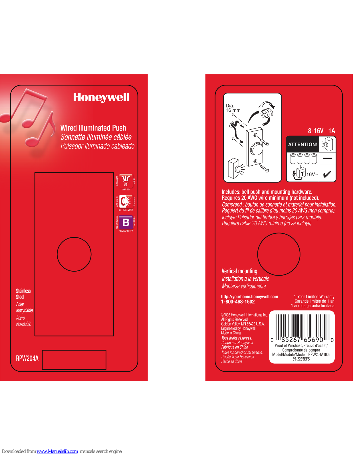 Honeywell RPW204A Mounting Instruction