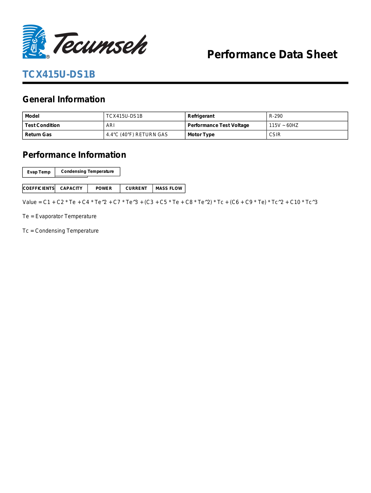 Tecumseh TCX415U-DS1B Manual