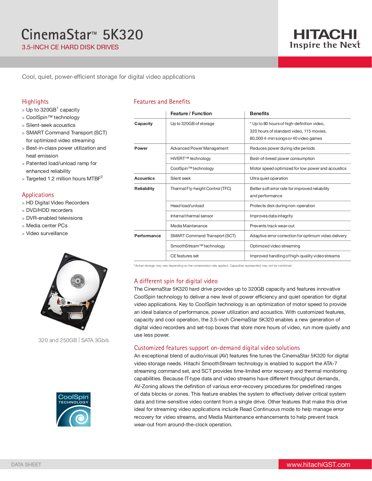 Hitachi CINEMASTAR 5K320 DATASHEET