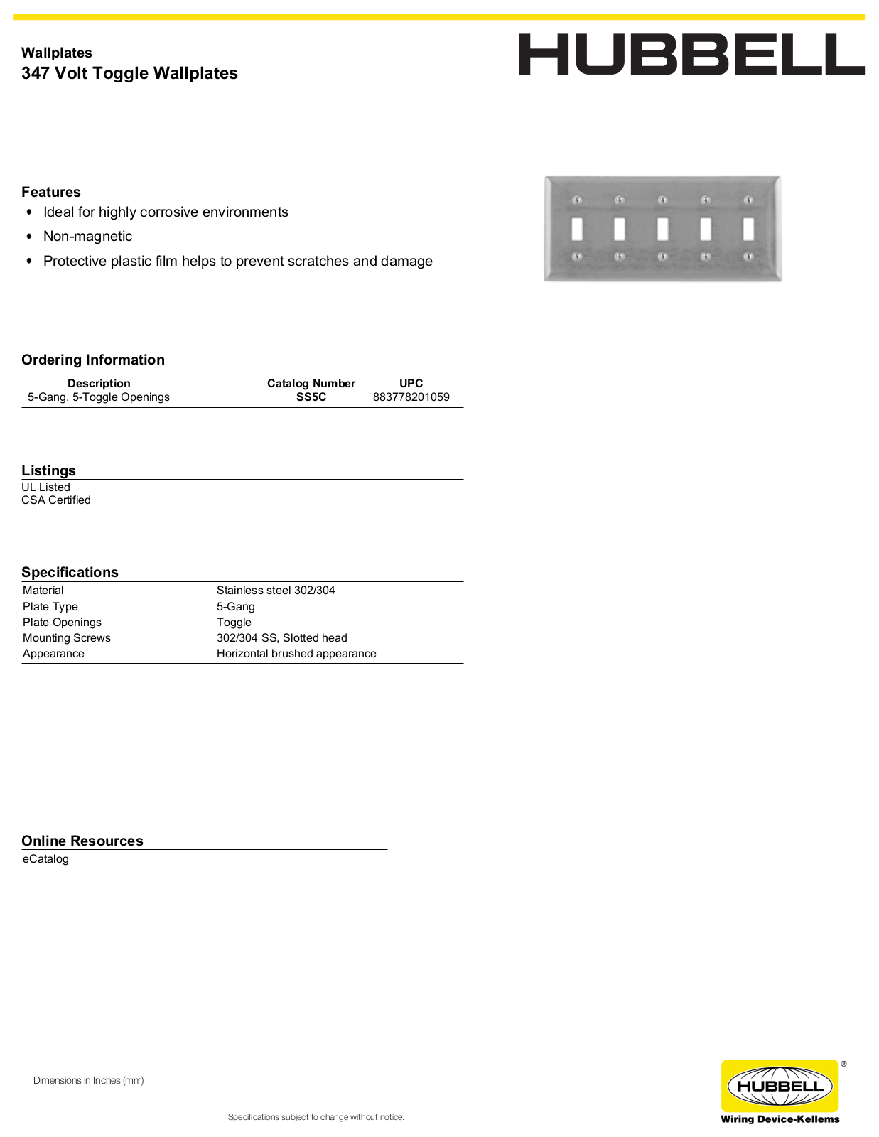 Hubbell SS5C Specifications