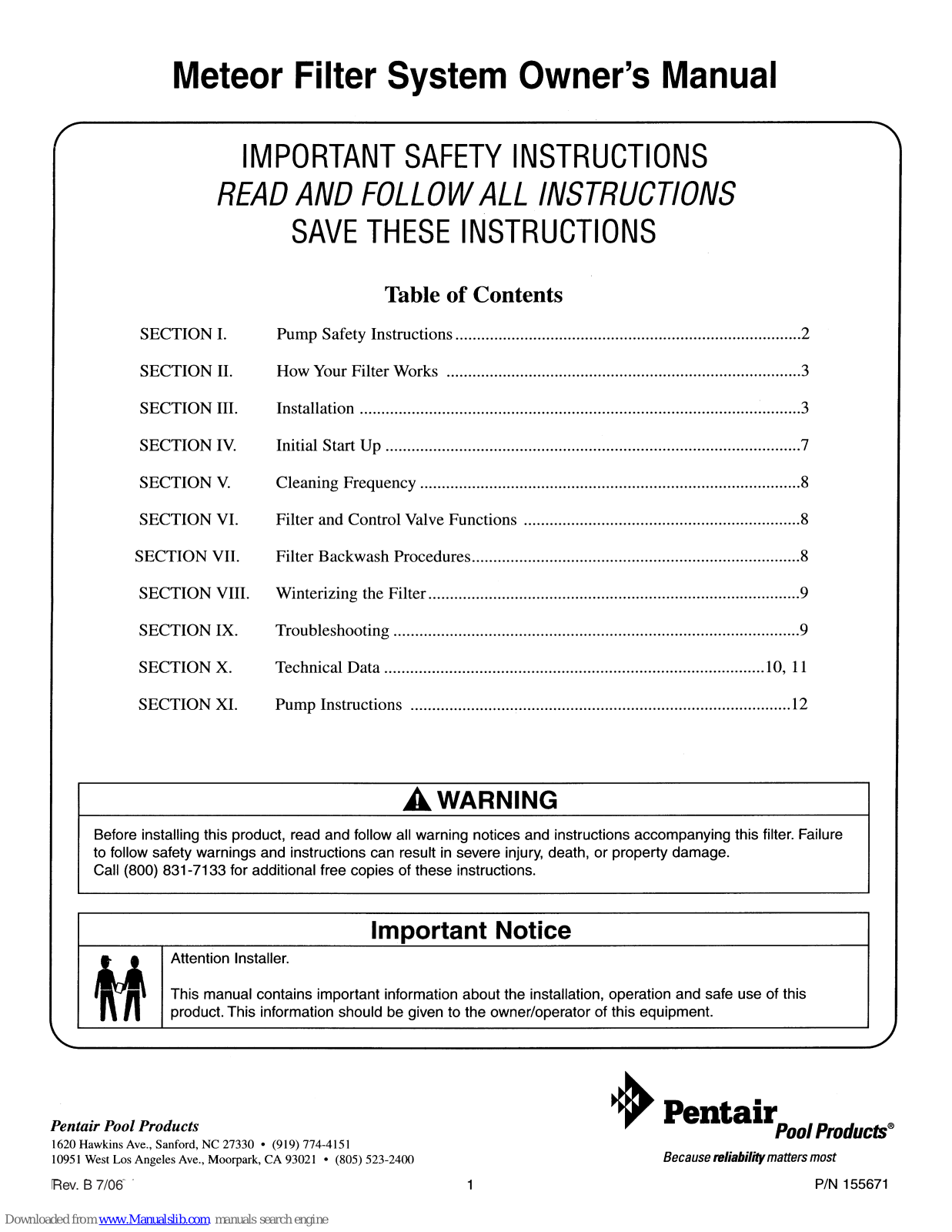 Pentair METEOR U78-767P, METEOR Owner's Manual