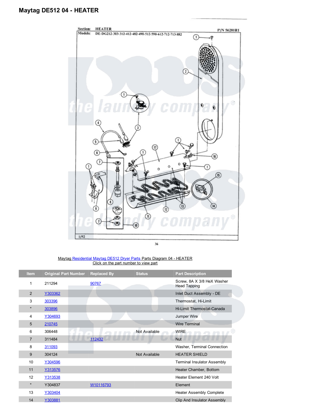 Maytag DE512 Parts Diagram