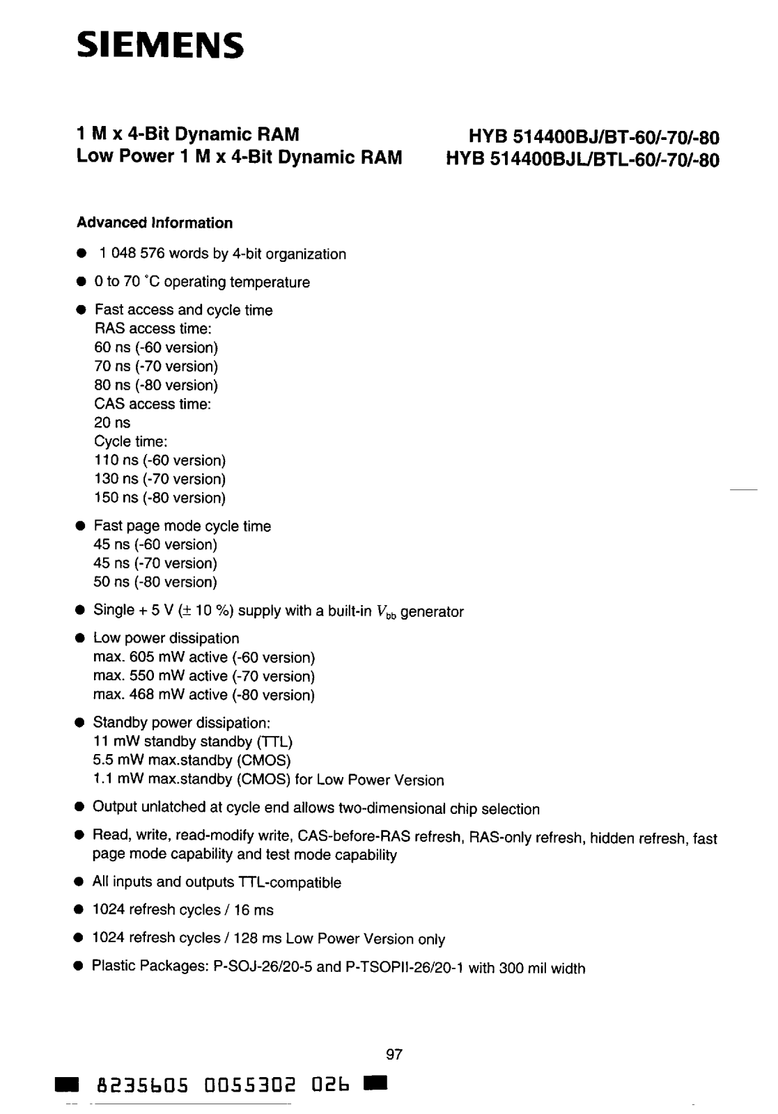 Siemens HYB514400BJ-80, HYB514400BJL-80, HYB514400BT-60, HYB514400BT-70, HYB514400BT-80 Datasheet