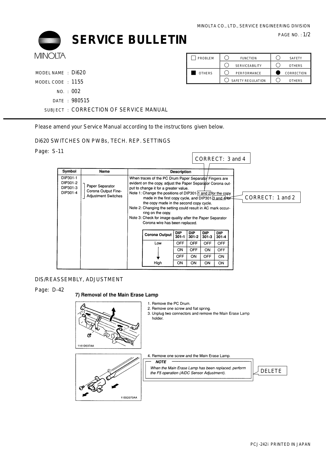 Minolta 1155 SERVICE BULLETIN 1155002