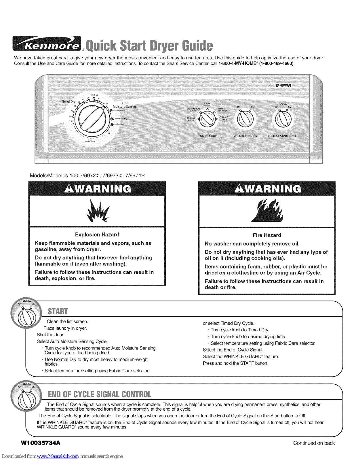 Kenmore 100.7/6972*, 7/6973*, 7/6974*, 100.7/6973, 100.7/6974 Quick Start Manual - ManualMachine.com