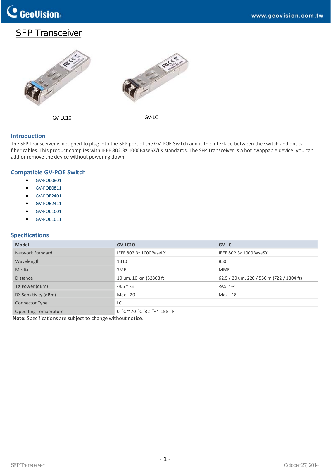 Geovision GV-LC Specsheet