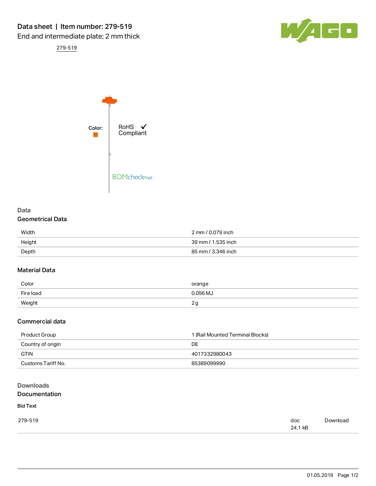 Wago 279-519 Data Sheet