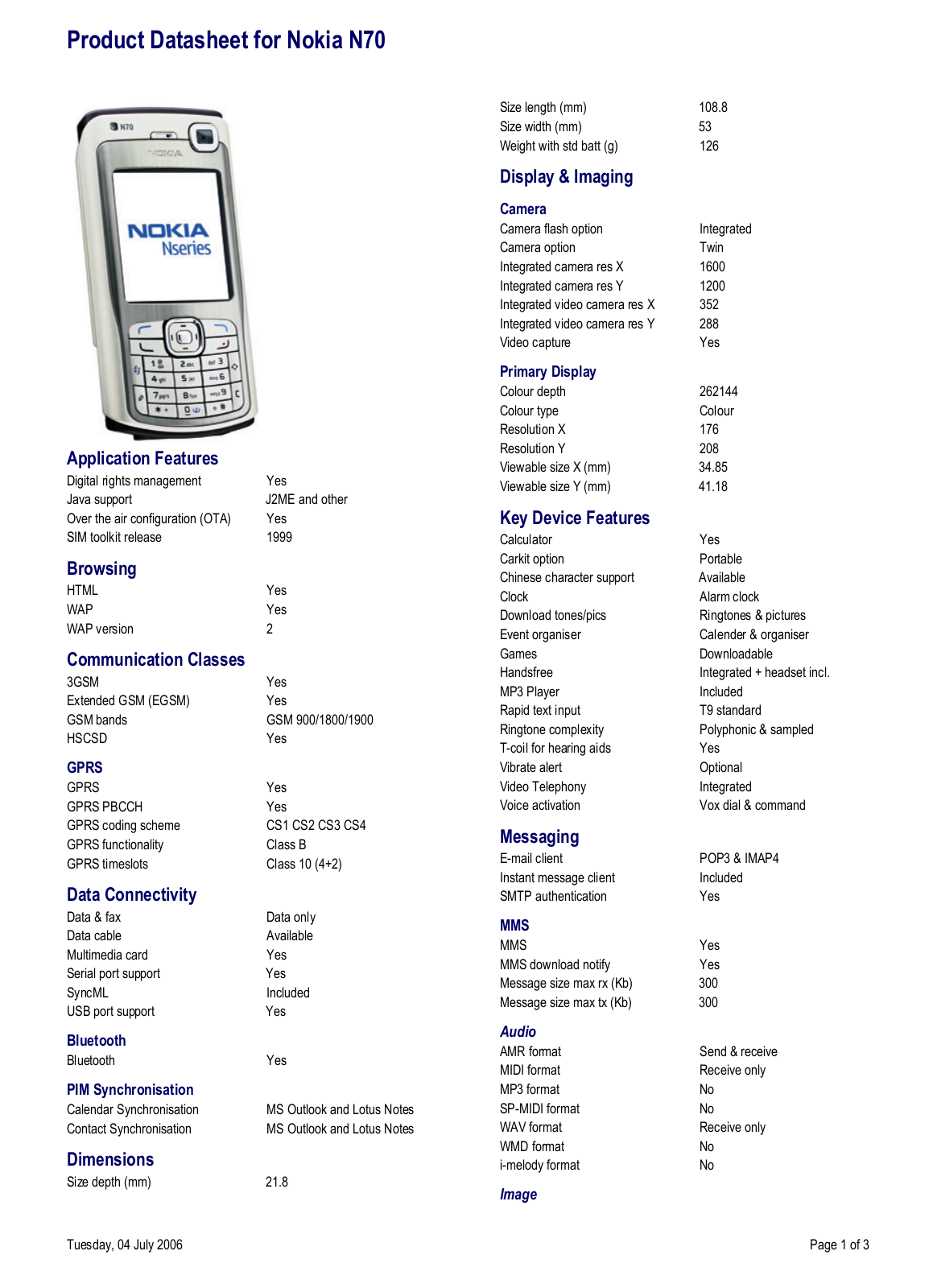 Nokia N70 DATASHEET