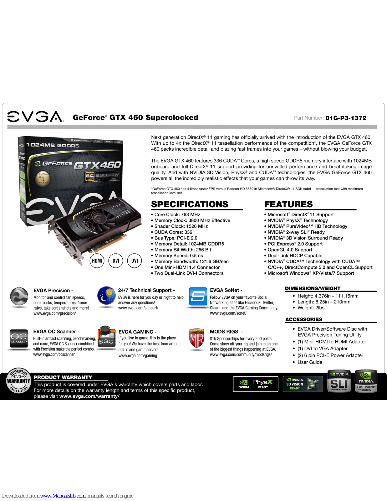 EVGA GeForce GTX 460 SuperClocked 1024MB, GeForce GTX 460 SuperClocked, 01G-P3-1372 Specification - ManualMachine.com