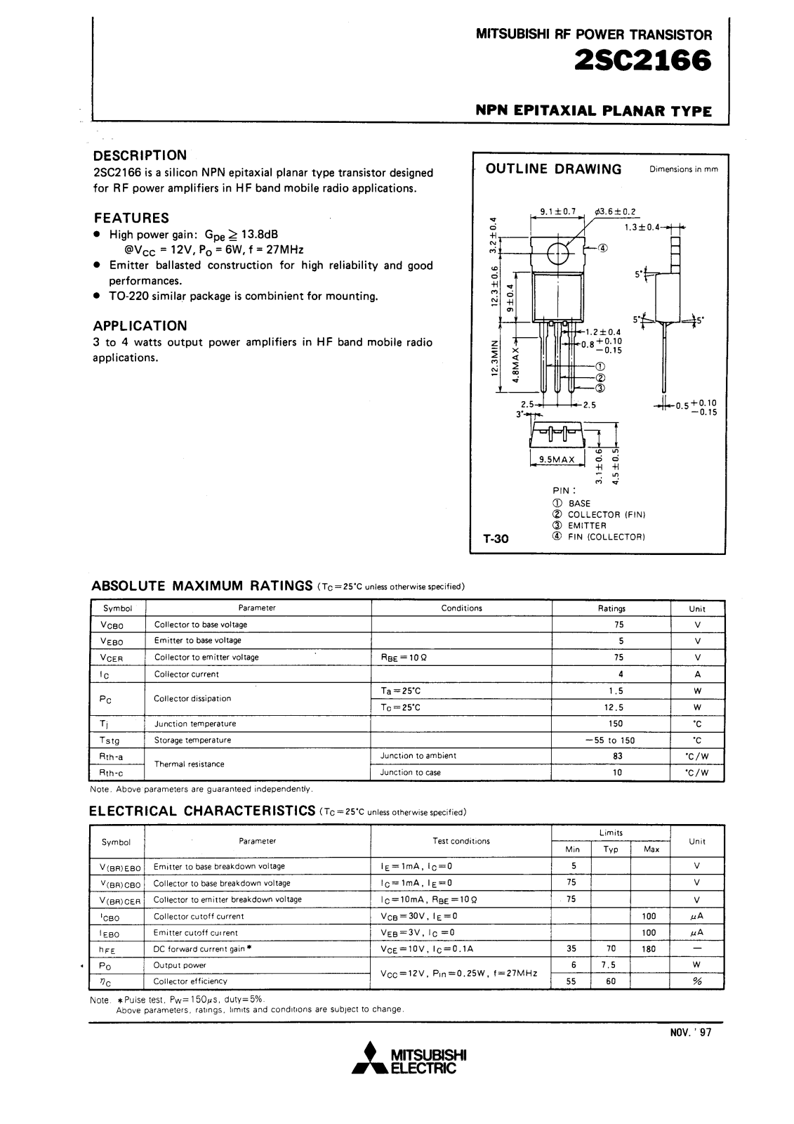 Mitsubishi Electric Corporation Semiconductor Group 2SC2166 Datasheet