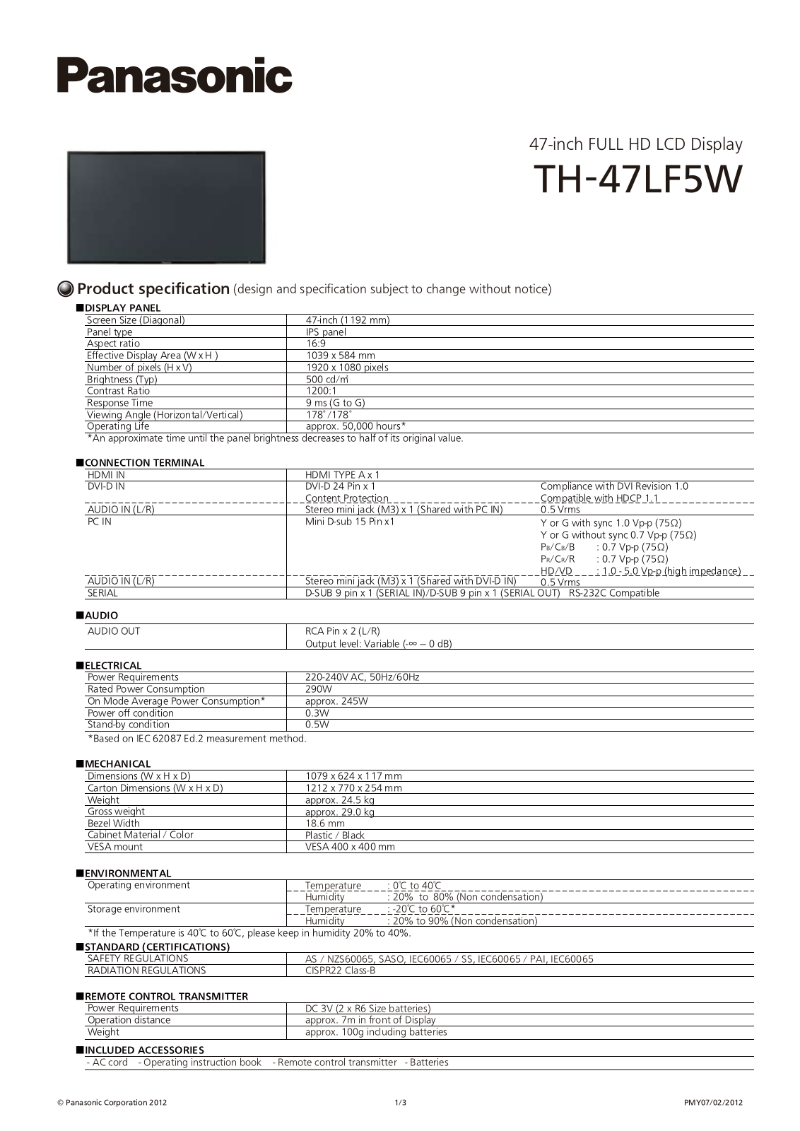 Panasonic TH-47LF5W Product Specification - ManualMachine.com
