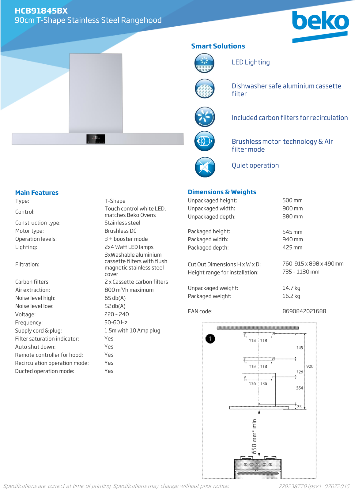 Beko HCB91845BX Specifications Sheet