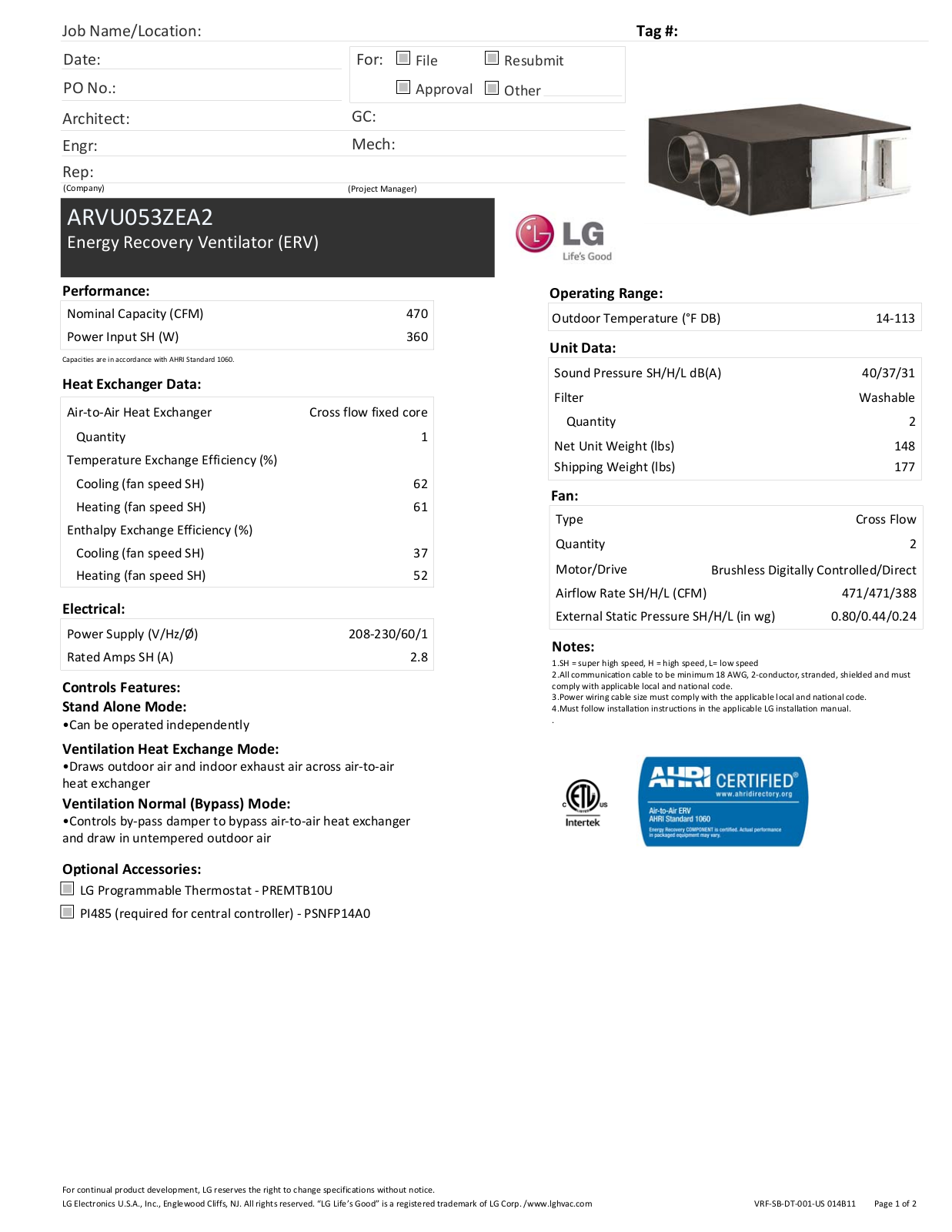 LG ARVU053ZEA2 Submittal Sheet