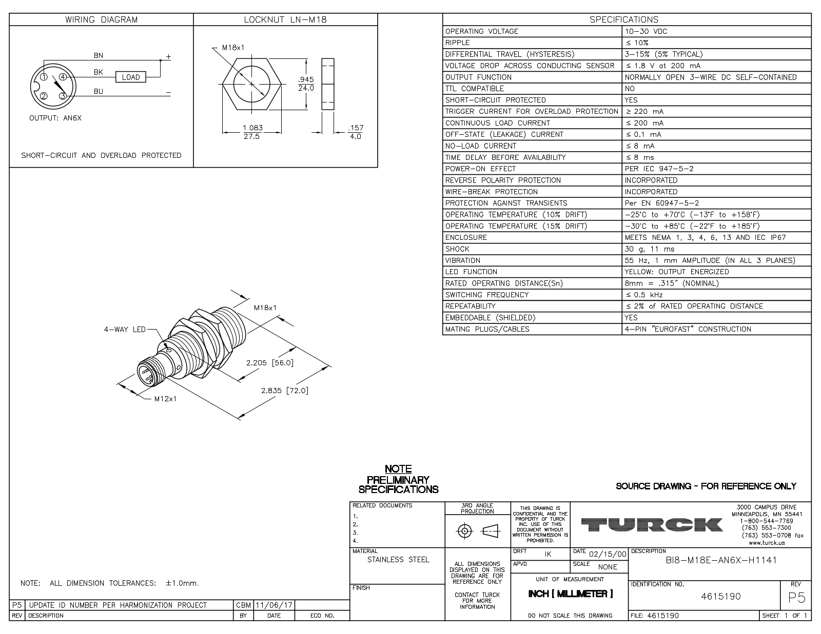 Turck BI8-M18E-AN6X-H1141 Data Sheet