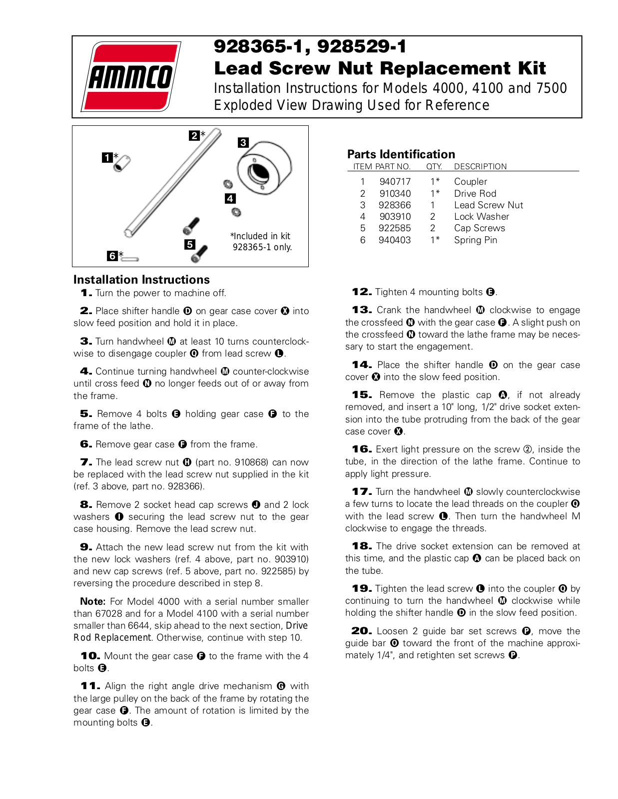 AMMCO 9285291 Lead Screw Nut Replacement Kit User Manual