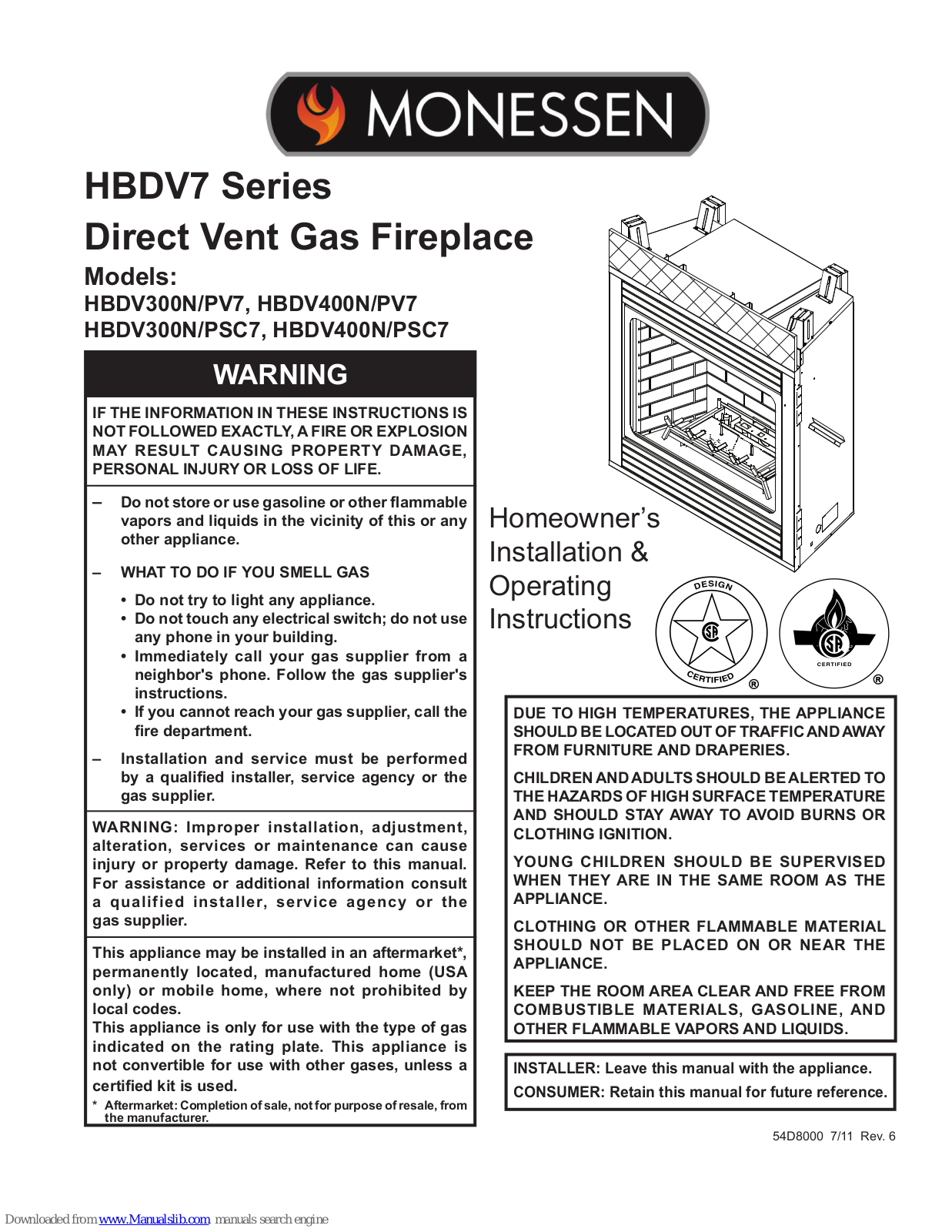 Monessen HBDV400N Installation & Operating Instructions Manual