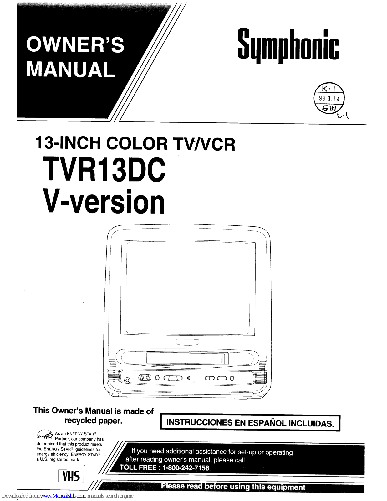 Symphonic TVR13DC V-version Owner's Manual