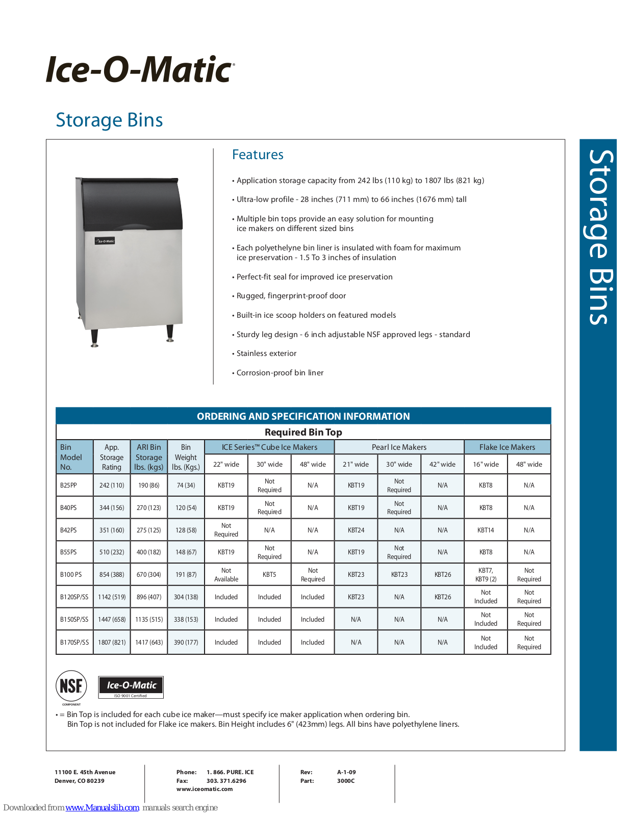 Ice-O-Matic B25PP, B40PS, B42PS, B55PS, B120SP Specifications