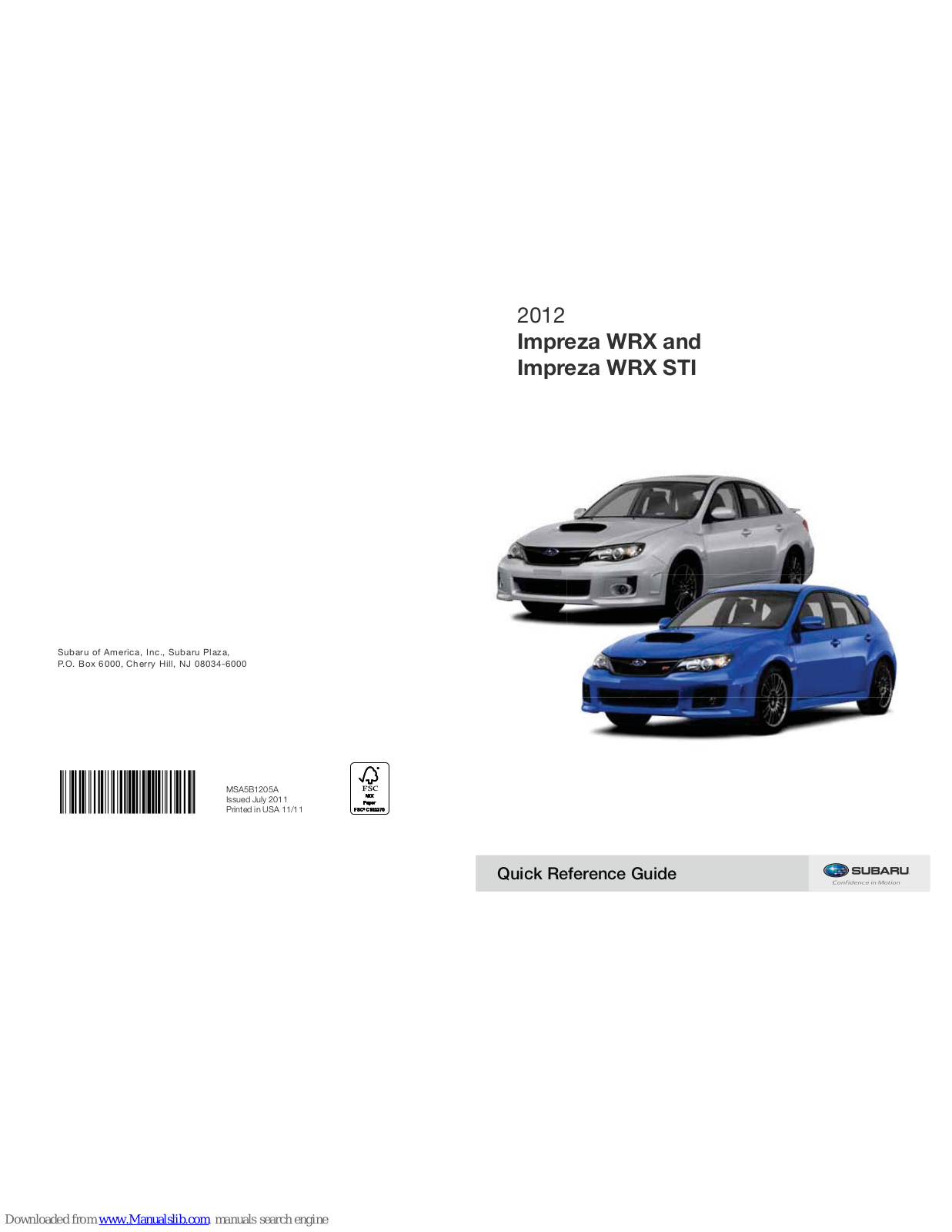 Subaru Impreza WRX STI, 2012 Impreza WRX, 2012 Impreza WRX STI Quick Reference Manual - ManualMachine.com