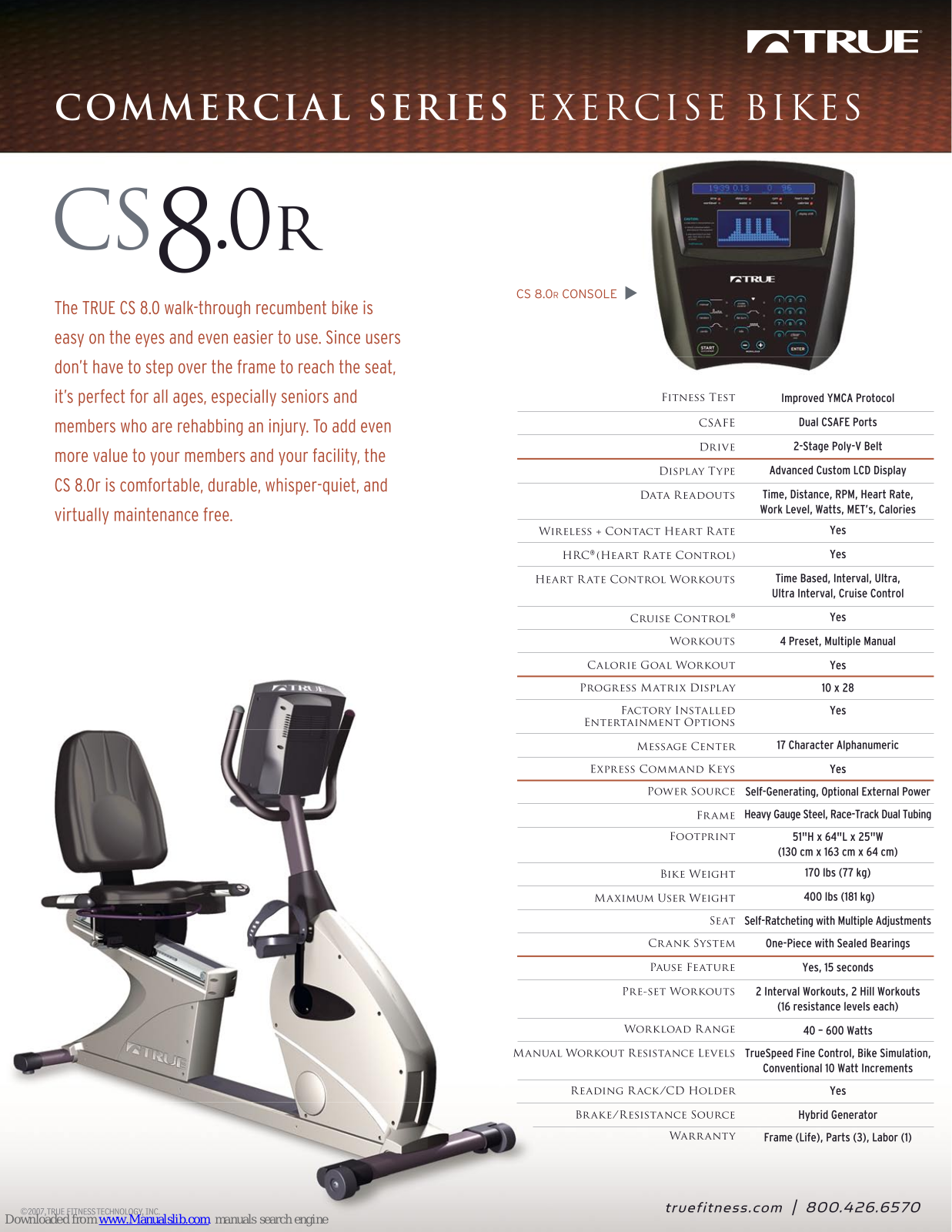 True Fitness Commercial Series Exercise Bikes CS8.0R, CS8.0R Specifications