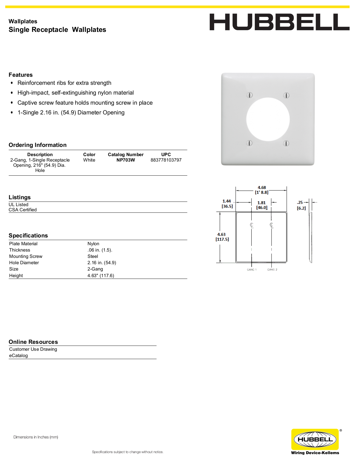 Hubbell NP703W Specifications