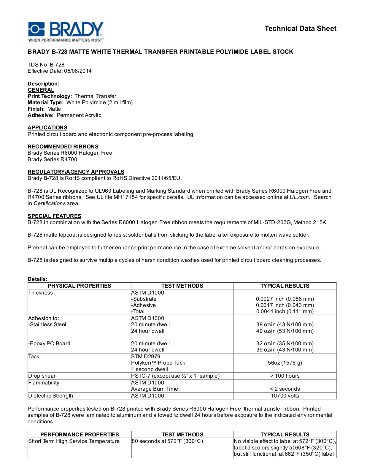 Brady B­728 Technical Data