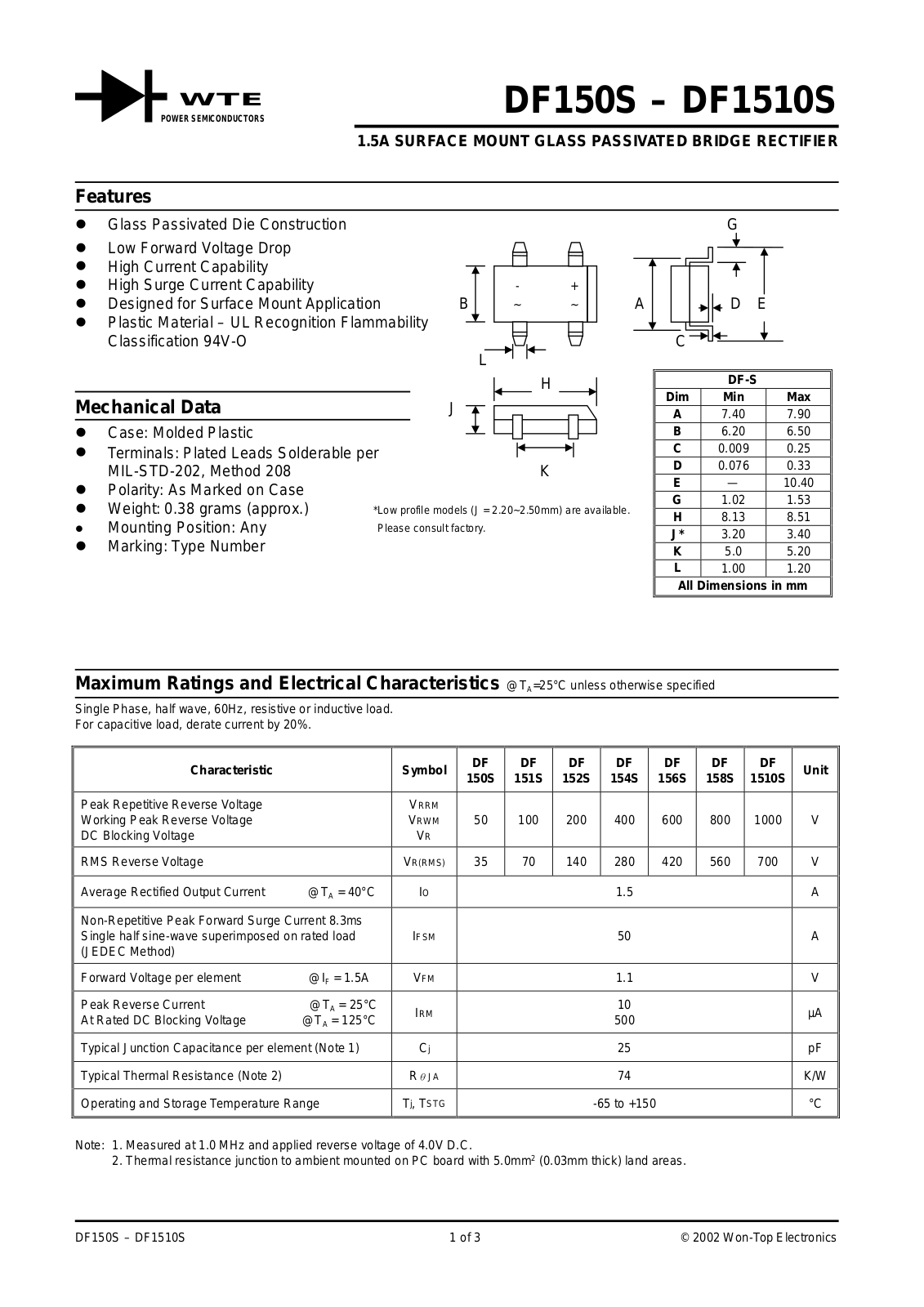 WTE DF150S, DF152S, DF151S, DF1510S, DF158S Datasheet