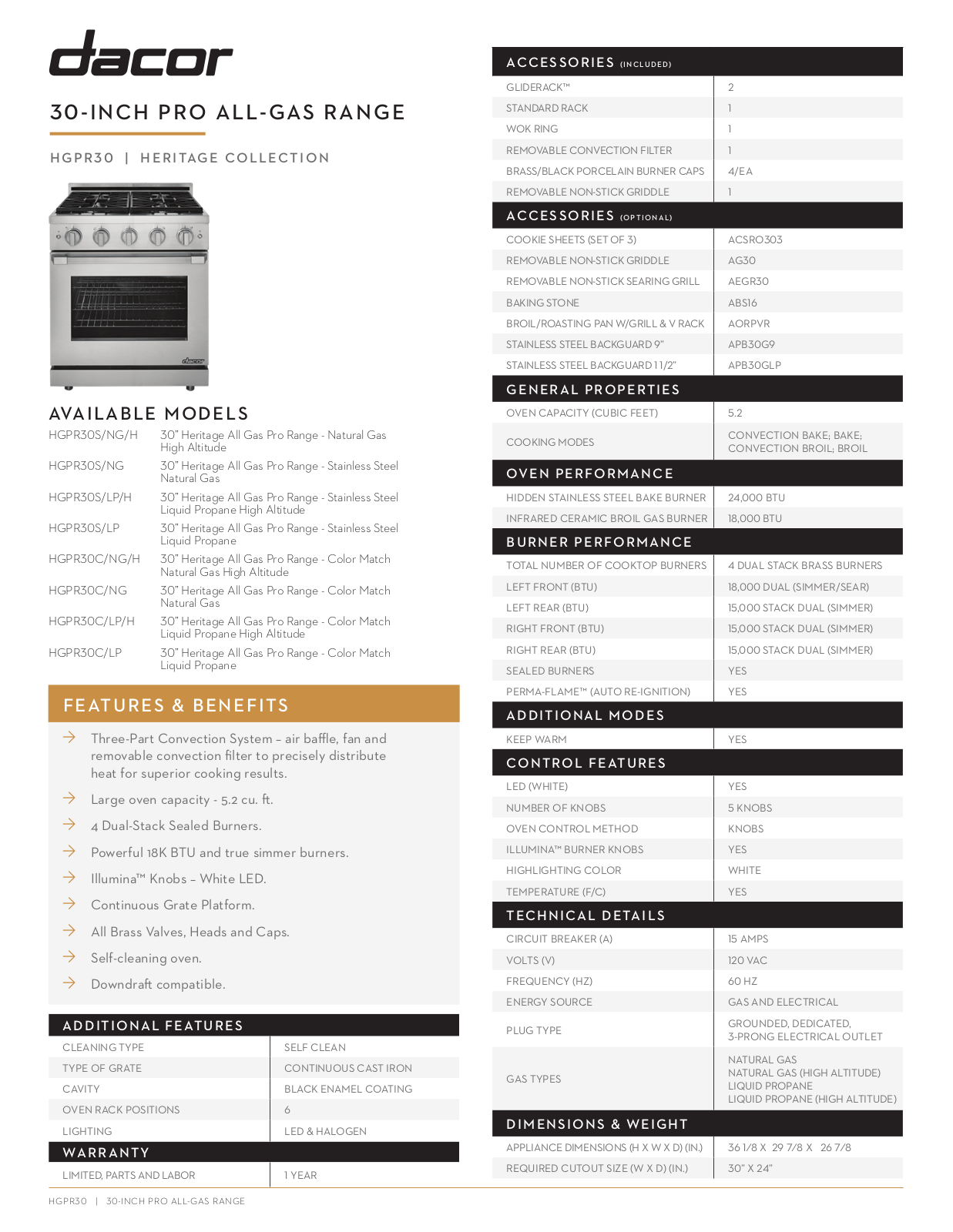 Dacor HGPR30SLP, HGPR30SNG Specifications