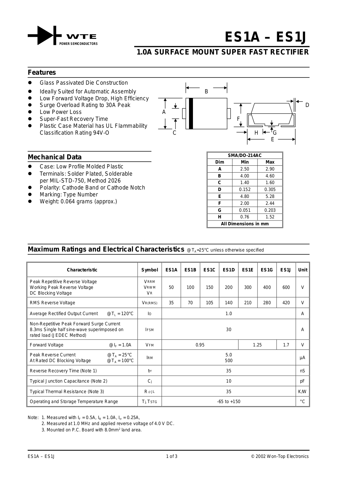 WTE ES1B-T3, ES1B-T1, ES1E-T3, ES1D-T1, ES1C-T1 Datasheet