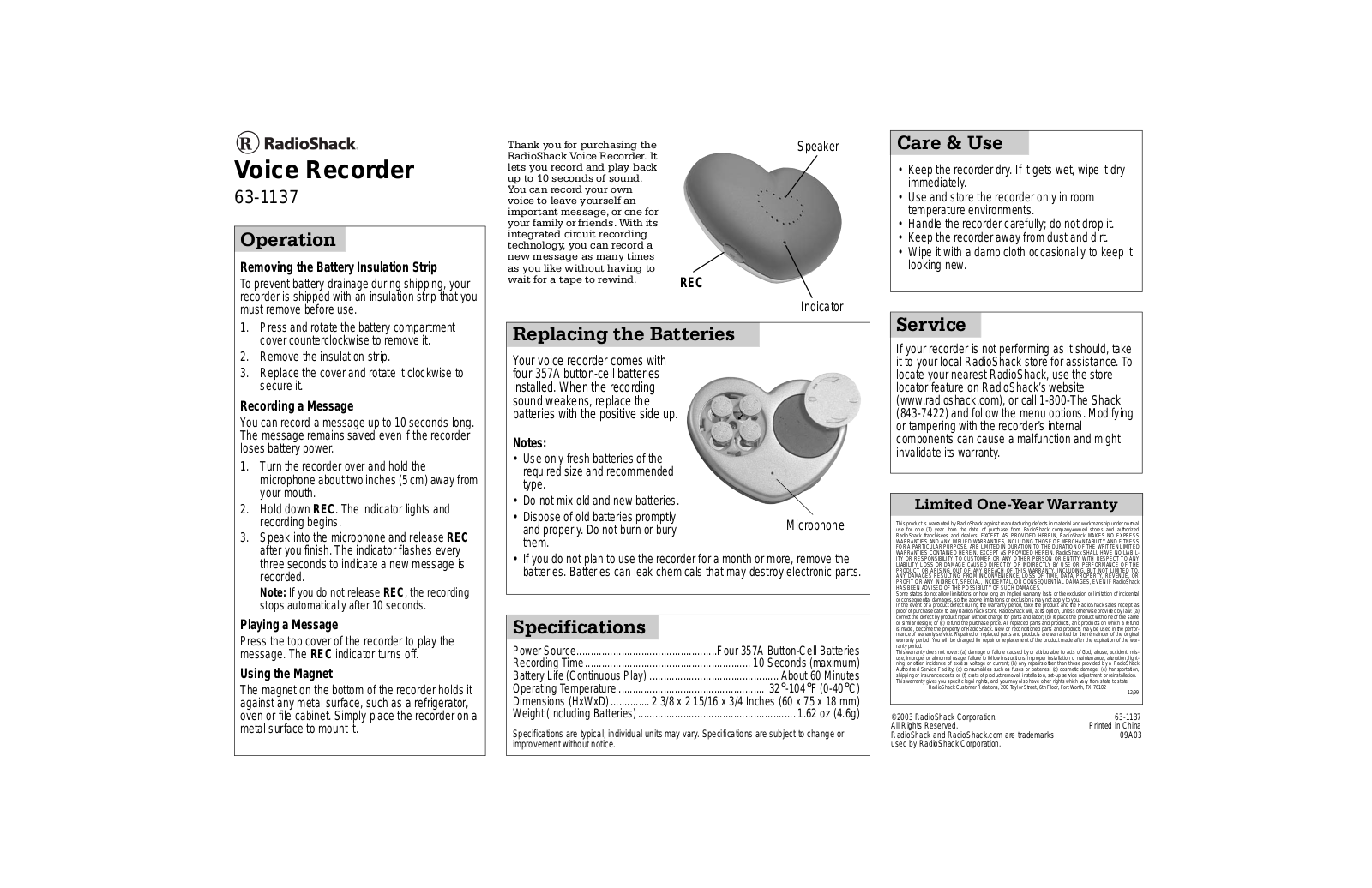 Radio Shack 63-1137 User Manual